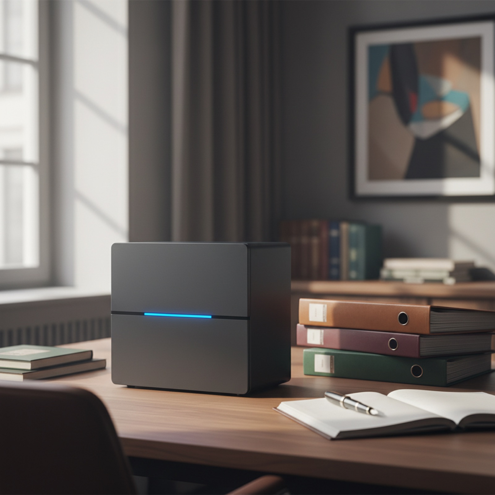 AG Core sulla scrivania di uno studio svizzero, LED blu acceso