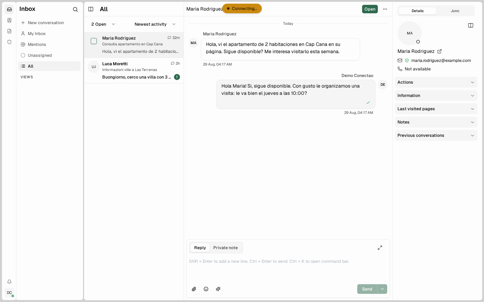 Calypso installato: conversazioni con gli ospiti e scheda contatto