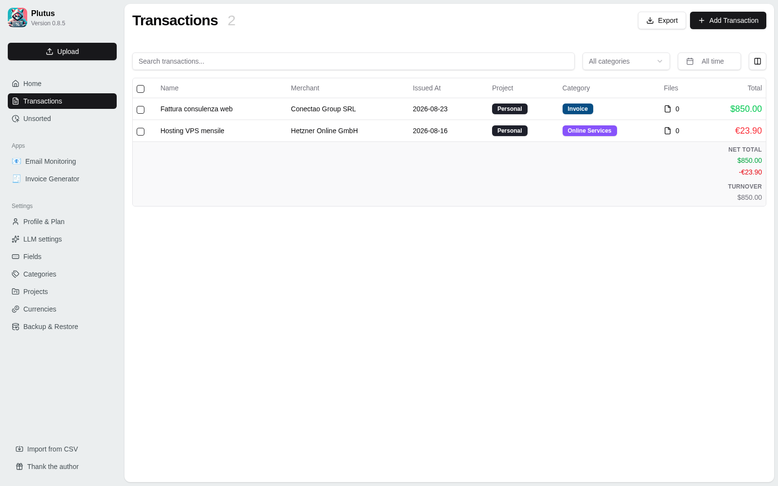 Plutus installato: tabella transazioni con totali multi-valuta